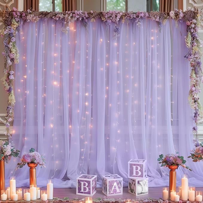 10x10ft Purple Tulle Backdrop Curtain with Lights String for Parites, Sheer Photo Backdrop Curtains for Wedding Baby Shower Birthday Party Photo Shoot Decorations