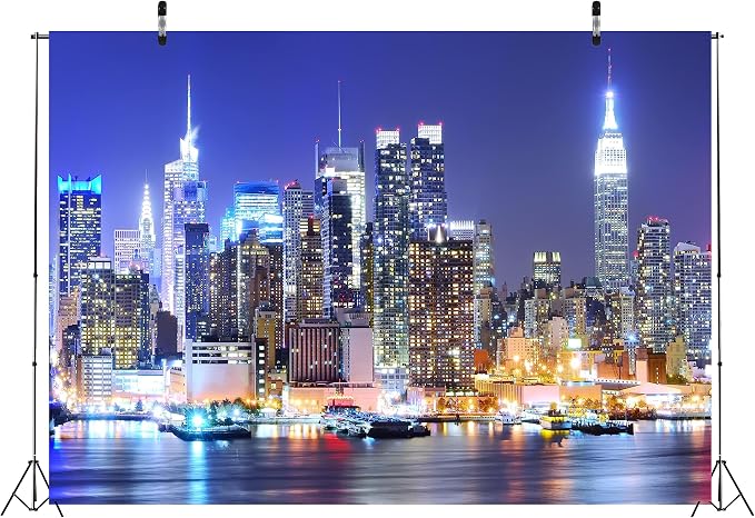 BELECO 20x10ft Fabric New York City Backdrop Manhattan Skyscraper Night View Urban Light Skyline Background City Theme Backdrop New York Party Decorations Artistic Portrait Shoot Photo Studio Props