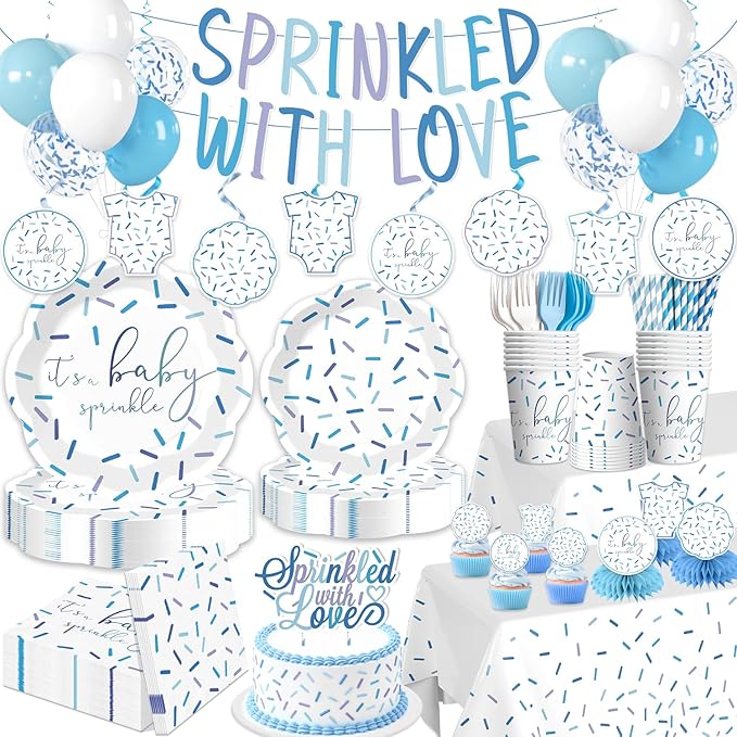 Xynic 205Pcs Baby Sprinkle Decorations Tableware Set Serves 25 Guests Sprinkled with Love Baby Shower with Blue Confetti Plates, Napkins, Tablecloths, Banner, and Cake Toppers for Boy