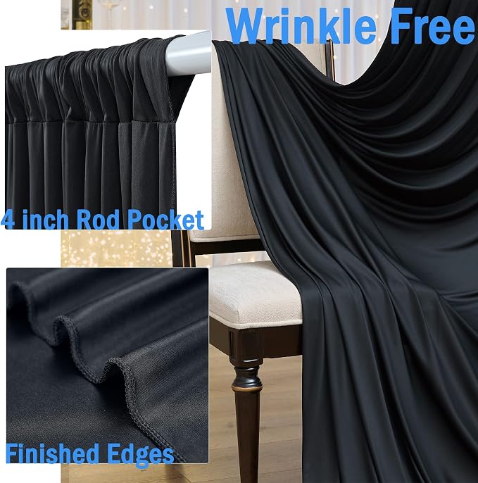 50ftx12ft Wrinkle Free Black Backdrop Curtains for Parties, 10 Panels 5x12FT Long Silky Polyester Photo Backdrop Drapes Back Drop Cloth for Wedding Birthday Photography Background Decor