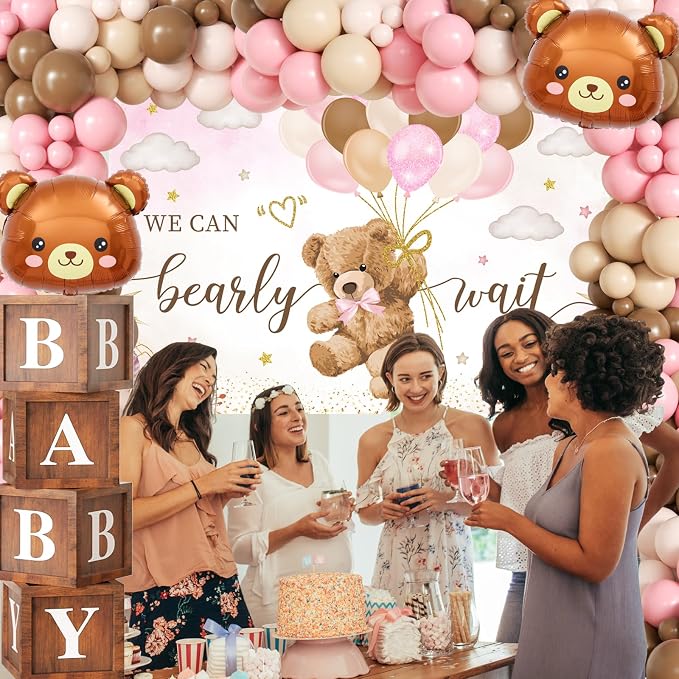 Pink Bear Baby Shower Decorations for Girl, 134pcs Bearly Wait Baby Shower Decorations with Pink Brown Balloon Arch Kit, Backdrop, Wood Grain Baby Boxes for Baby Girl Shower Decor