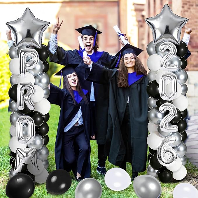 2 Sets Graduation Balloon Column Stand Kits with 132 PCS Silver Black White Latex Balloons 2026 Letters 6.5 Ft Adjustable Metal Tube Telescopic Tower Pillar with Base for Graduation Party Decoration