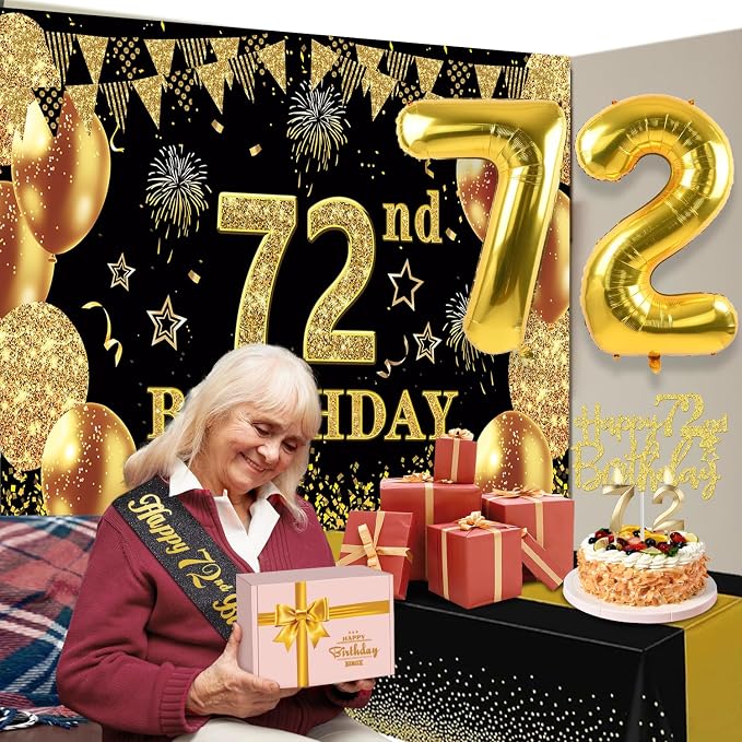 72nd Birthday Decorations Men Women With 72nd Birthday Banner, Black And Gold Table Cloth,Number Balloons, Sash, Cake Topper and Candles