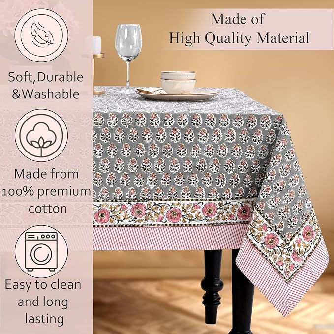 CPC Tablecloth 100% Cotton 80x120 Inch Indian Block Print Rectangle Table Cover, Blue Table Cloth for Weddings, Spring/Summer, Barbeque - Labra Grey