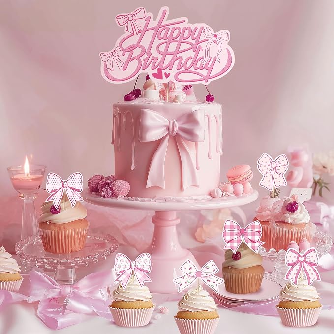 154 pcs Coquette Birthday Decorations,Pink Bow Decorations for Women,Happy Birthday Banner For Girl,Pink and White Balloon Arch Kit with Tablecloth Backdrop Cake Topper