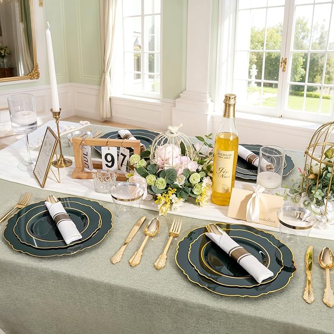 Liacere 175PCS Green Plastic Plates - Emerald Green Disposable With Gold Rim - 25Guest Baroque Plastic Dinnerware include 50Plates-25Pcs Pre Rolled Napkins with Silverware 25Cups for Party & Wedding