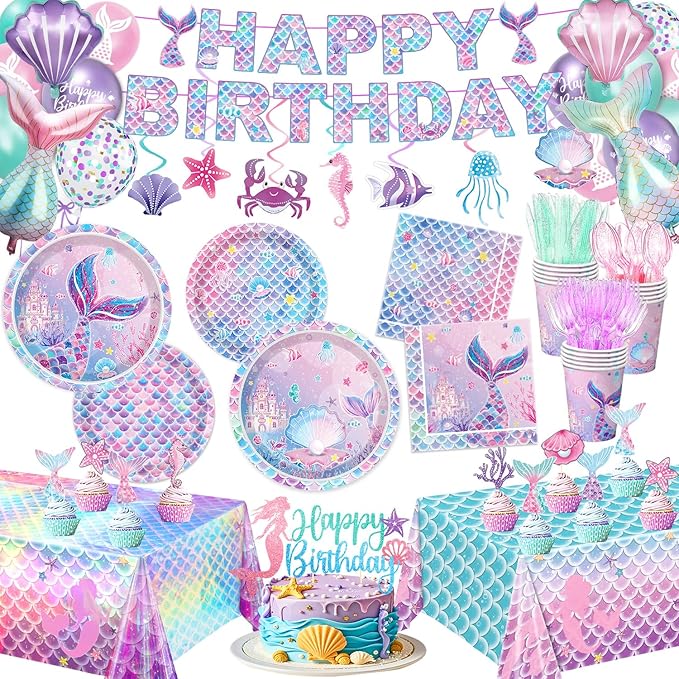 Mermaid Birthday Decorations Include Plates, Napkins, Cups, Cutlery, Hanging Swirls, Banner, Cake & Cupcake Toppers, Balloons, Tablecloth for Mermaid Party Decorations, Serve 20