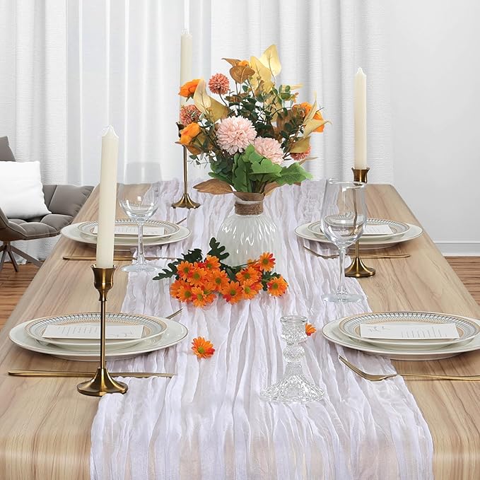 12 Pack White Cheesecloth Table Runner 10Ft Spring Gauze Cheese Cloth Table Runner 35x120 Inch Boho Sheer Rustic Fabric for Party Decor Baby Shower Wedding Holiday Decorations