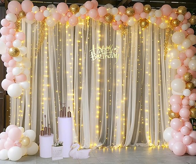 Champagne Tulle Backdrop Curtain with Lights String for Parites Wedding 5x8ft Champagne Sheer Backdrop Curtains for Bridal Shower Baby Shower Birthday Party Photo Booth Background Decorations