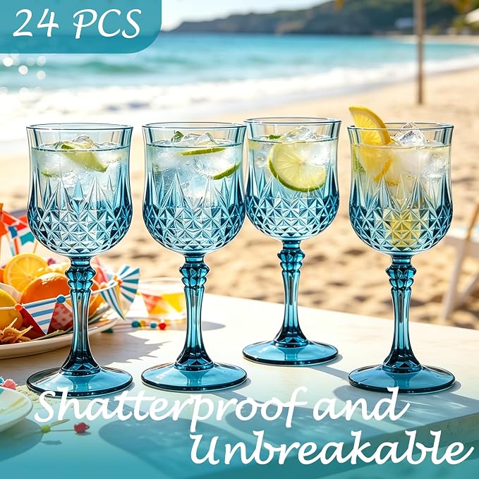 Plastic Wine Glasses, Plastic Goblets Vintage Style Cordial Unbreakable Drinking Glasses, Reusable Drinkware for Wedding Reception, Grand Event Party Supplies (24, Dusty Blue)