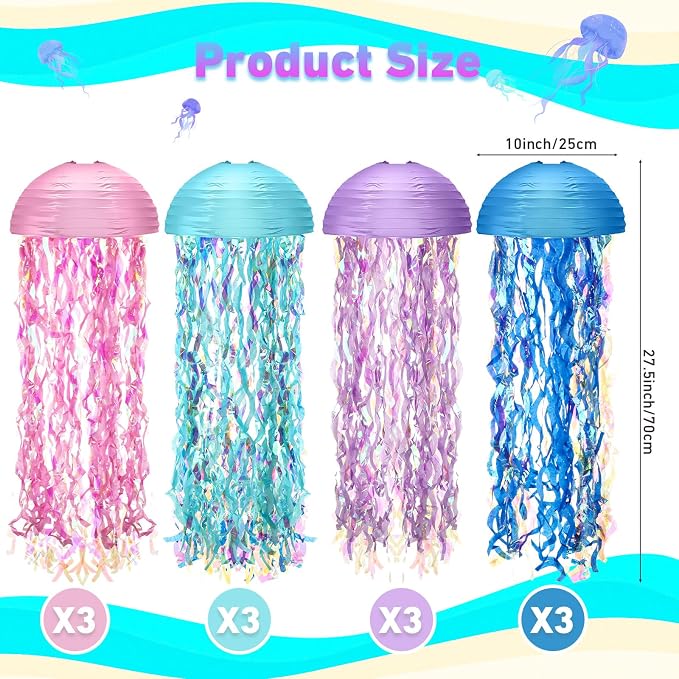 Baquler Set of 12 Jellyfish Paper Lanterns 10 Inch Semicircle Lanterns Hanging Decoration for Mermaid Sea Ocean Birthday Party Decorations (Pink, Light Blue, Light Purple, Royal Blue)