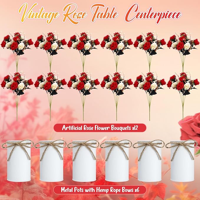 Domensi 6 Sets Wedding Centerpiece for Table Artificial Rose with Vase Fake Bouquets and Metal Pot Flower Arrangements for Bridal Shower Birthday Party Event Table Decor (Red)