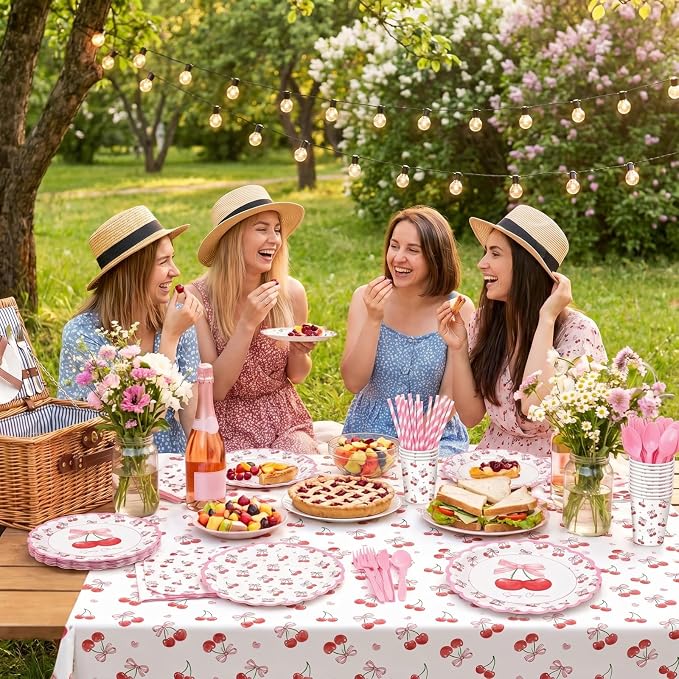 Vesici 452 Pcs Cherry Birthday Party Supplies Pink Cherry Bow Disposable Tableware Set Includes Plates Cups Napkins Tablecloth and Cutlery for Girls Baby Shower Bridal Shower Wedding, Serve 50 Guests