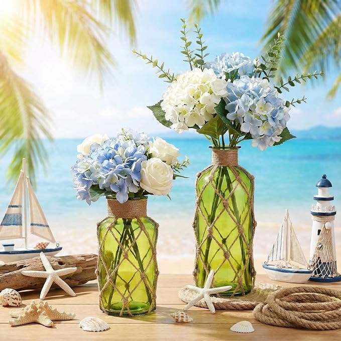 Chuangdi Set of 2 Coastal Glass Vases for Flowers TSITP Flower Vase with Boho Rope Small Sea Glass Jar Nautical Beach Bottle for Wedding Table Centerpieces Floral Arrangement Decor(Olive Green)