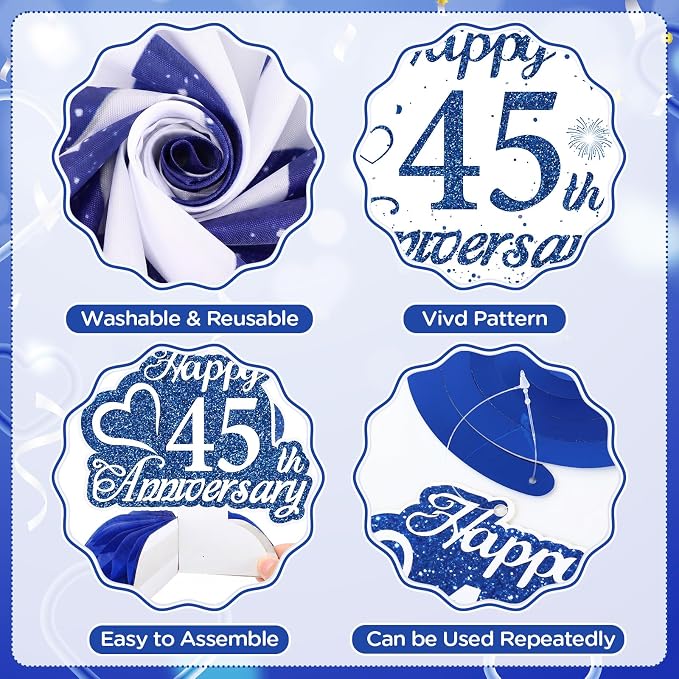45th Wedding Anniversary Decorations Kit Blue Happy 45th Anniversary Banner Backdrop Table Honeycomb Centerpiece Hanging Swirls Poms Decor for Men Women 45 Years Wedding Anniversaries Party Supplies