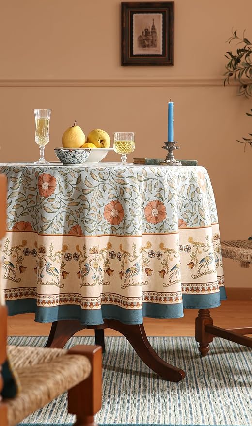 patdrea Vintage French Linen Tablecloth,Round,Diameter 55"-Wensel | Italian Provencal Table Cloth for Round Table,Colorful Floral Patterned,Dining Room Tea Party Thanksgiving Decor