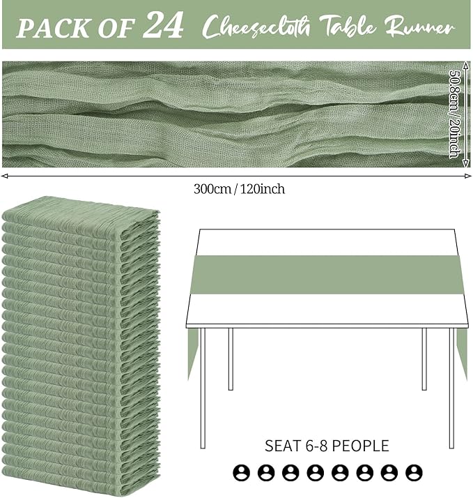 24 Pack Cheesecloth Table Runner 20 x 120 inch Cheese Cloth Table Runner Bulk,Romantic Boho Sheer Gauze Fabric Table Runners for Wedding Reception,Party,Bridal Shower Table Decor(Sage Green)