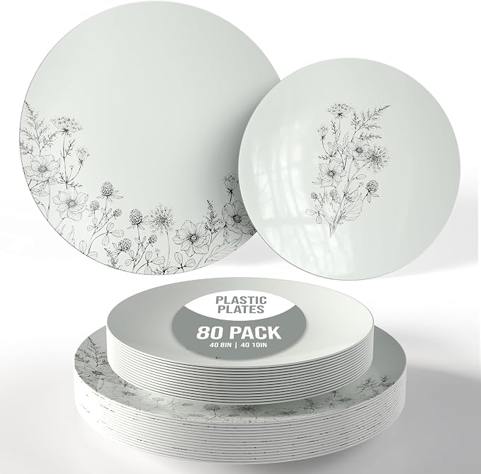 Trendables Disposable Dinnerware Decorative Plates Plastic Disposable Plates Set For 40 Guests 40 x 8 Inch Dessert Plate & 40 x 10 Inch Wedding Party Plate Set Dandelion Bloom
