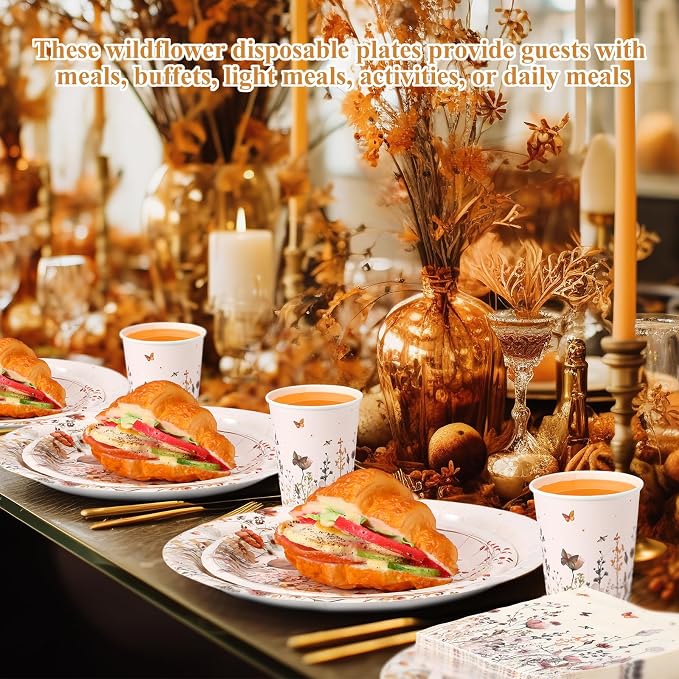 Ziliny 250 Pcs Wildflower Party Decorations Include Boho Autumn Fall Floral Paper Plates Napkins and Cups for Wildflower Baby Shower Tea Decorations, Serve 50 Guest