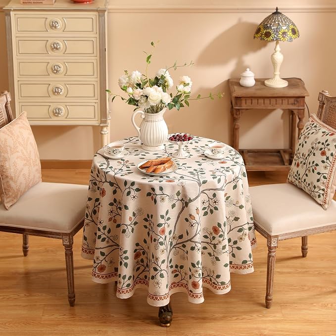 ISAENNE Vintage French Linen Round Tablecloth,Diameter 67"-Flora A | Designer Elegant Floral Table Cloth,Beautiful,Heavyweight,Decoration,Durable,Dining Room,Tea Party,Kitchen,Thanksgiving