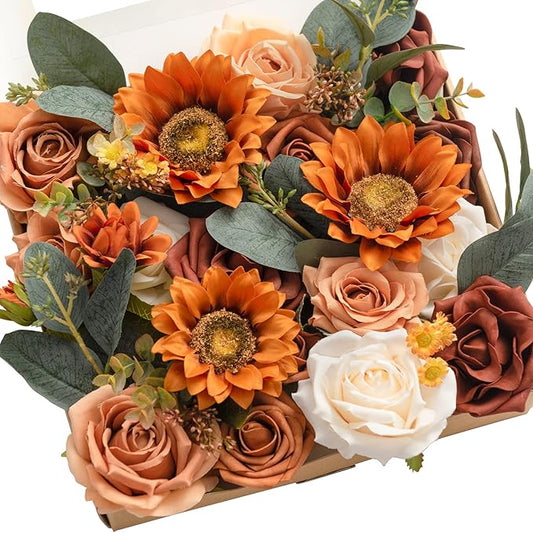 Ling's moment Fake Flowers Box, Faux Artificial Greenery Stems Foam Roses Silk Sunflower Eucalyptus Fabic Flower for Centerpieces Bouquet Wedding Vase, Orange Sunflower & Burnt Orange, Grand Combo