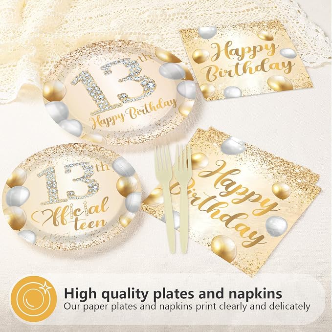 96Pcs Happy 13th Birthday Decorations Official 13 Teen Plates and Napkins Tableware Set White and Gold Glitter Thirteen Birthday Decorations for Girls 13 Years Old Birthdays Party Supplies Serves 24