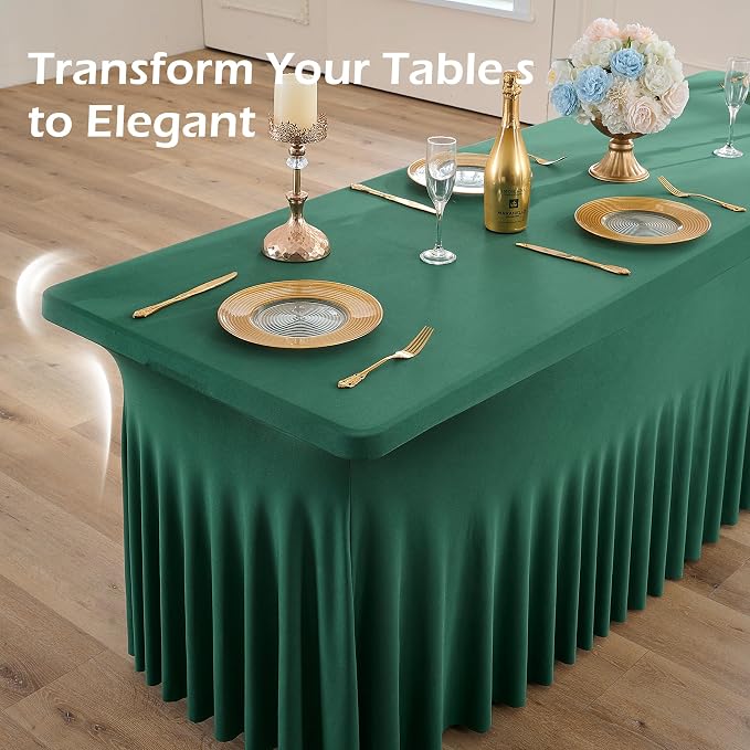 6 pk Hunter Green Spandex Tablecloth for 6 Foot Rectangle Tables, Wrinkle Free Fitted Spandex Table Covers 6ft Green Stretch Table Cloths with Ruffle Skirt for Parties Weddings Banquet Baby Shower