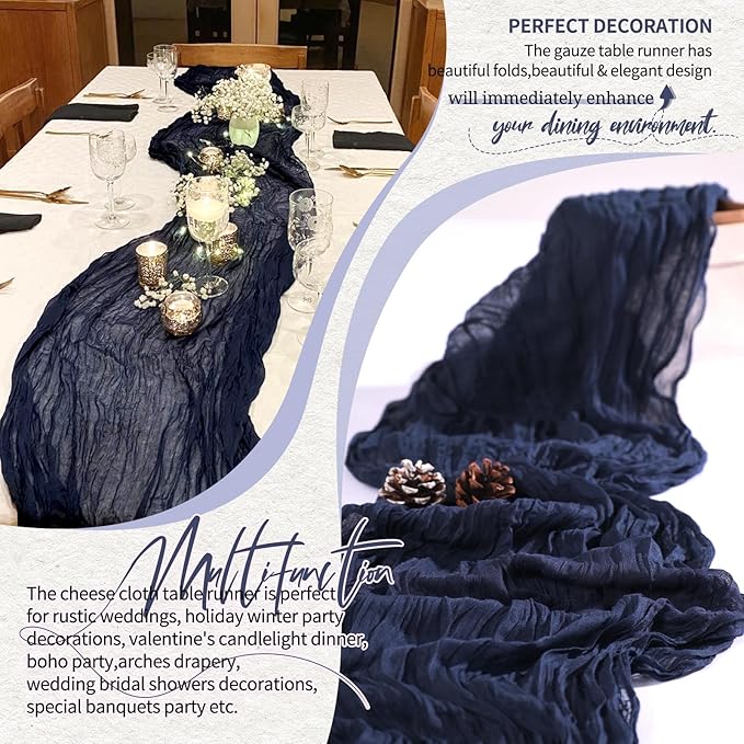 2 Pack Cheesecloth Table Runner 10FT Navy Blue Table Runner Boho Gauze Cheese Cloth Table Runners Long Rustic Sheer Table Decorations for Wedding Party Baby Bridal Shower Birthday Holiday Home