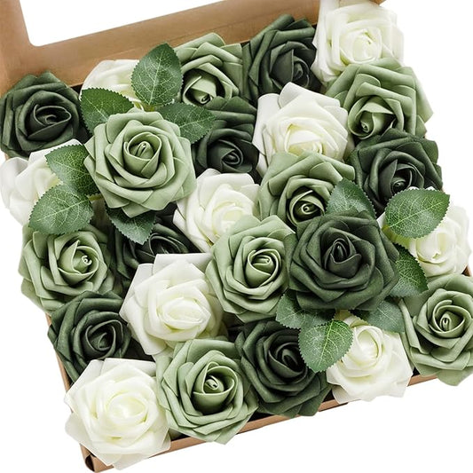 Ling's moment Artificial Flowers 25Pcs Emerald Green Mix Roses Decor w/Stems,3" DIY Foam Floral for Wedding Bouquet/Centerpieces, Outdoors Party Backdrop, Room/Table, and Garden/Pot Decor