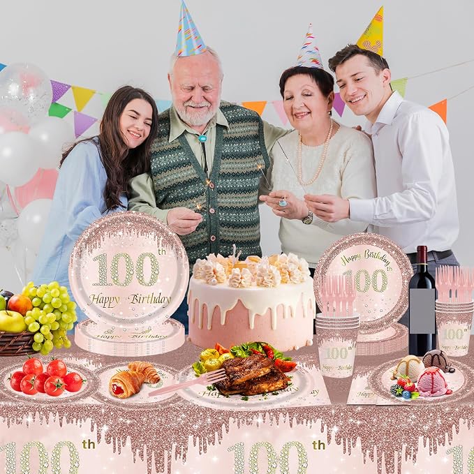 121Pcs 100th Birthday Party Supplies Plates Napkins Cups Forks Tablecloth Rose Gold Happy 100th Birthday Themed Disposable Tableware Decorations Serves 24 Guests for Women 100 Years