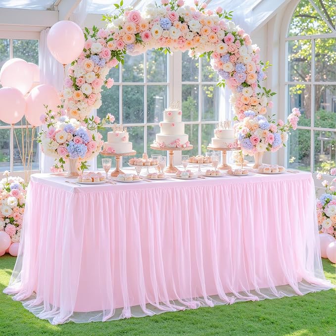 4 Pack Pink Table Cloth for 6 Foot Rectangle Tables, Pink Stretch Fitted Tulle Table Covers Skirt, Rectangular Ruffle Tutu Tablecloth Wedding Banquet Baby Shower Cake Tablecloths Decorations