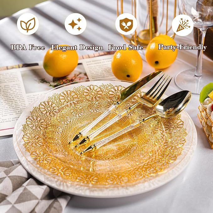 HOMIP 120PCS Clear Gold Plastic Plates with Gold Lace Design, Disposable Retro Plates Include 60PCS 10" Dinner Plate & 60PCS 7" Dessert Plate Perfect for Party Wedding and Holiday