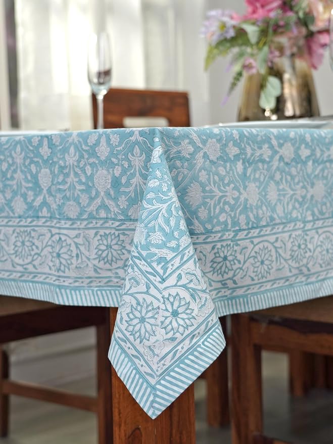 Ridhi Teal Gray Hand Block Print Cotton Rectangle Tablecloth 190" x 72" inches Reusable Table Cover Decorative Everyday Use for Dining Room, Farmhouse, Home Gift for Spring, Mother's Day