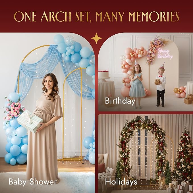 Gold Metal Arch Backdrop Stand for Wedding & Birthday Party Decorations, Foldable Balloon Arch Frame with Easy Assembly, Photo Booth Backdrop Décor with Fairy Lights Options