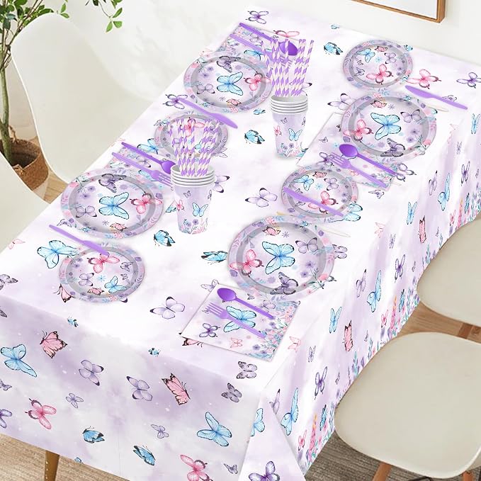 Butterfly Birthday Decorations, Butterfly Decorations Purple Birthday Decorations Tableware, 163 Pcs Butterflies Decorations for Girls, Serves 16