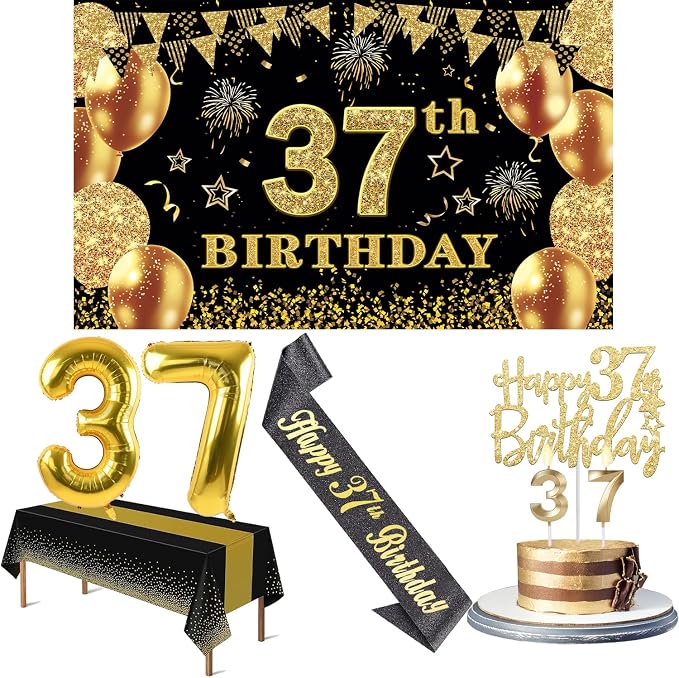 37th Birthday Decorations Men Women with 37th Birthday Banner, Black and Gold Table Cloth, Number Balloons, Large Sash, Cake Topper and Candles