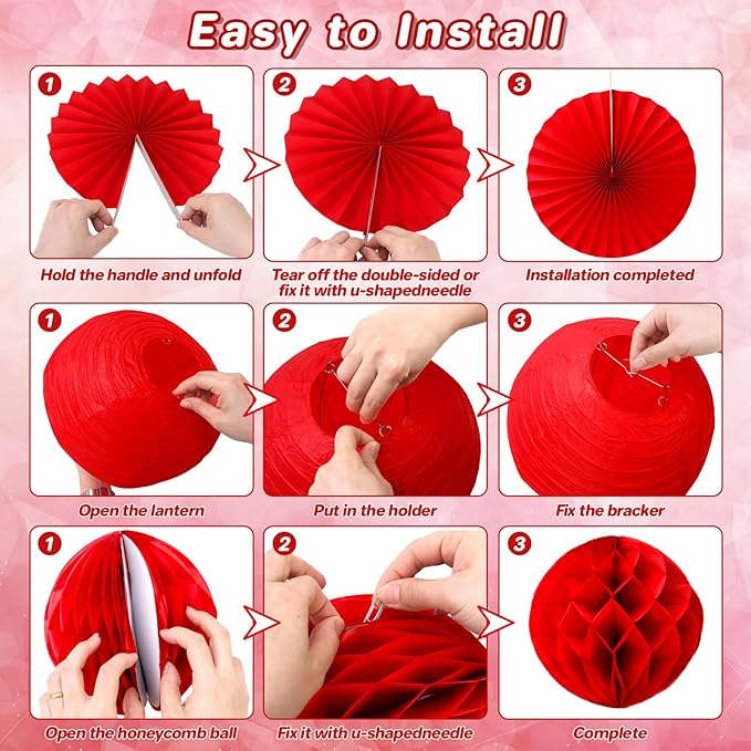 20 PCS Red Party Decorations Kit,Red and White Hanging Paper Lanterns,Round Paper Fans Honeycomb Balls for Birthday Wedding Graduation Picnic BBQ Baby Shower Pizza Party Lunar New Year Home Decor