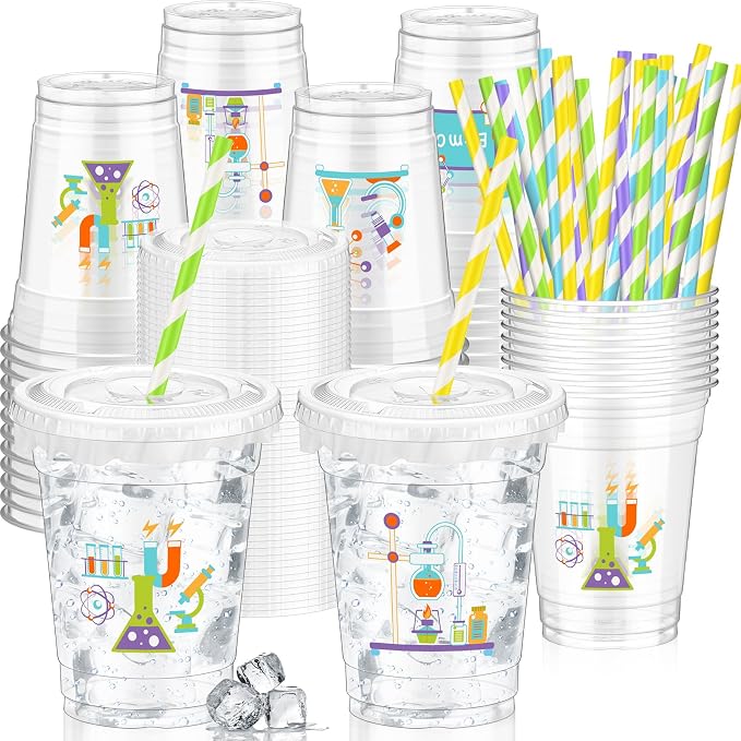 FoldTier 50 Pcs Science Cups 12 oz Disposable Plastic Cups with Straws and Lids Science Clear mug Birthday mugs Supplies Birthday Table Decorations Party Favor