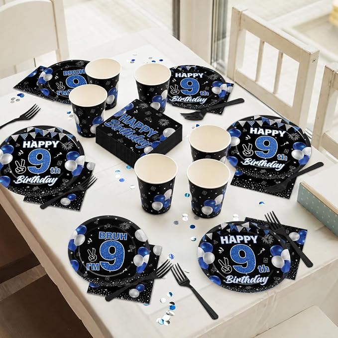 96PCS 9th Birthday Party Supplies Blue and Black 9th Birthday Plates and Napkins Black Blue Bruh I’m 9 Tableware Dinnerware Video Game Theme Decorations for Boys Party Favors Serves 24