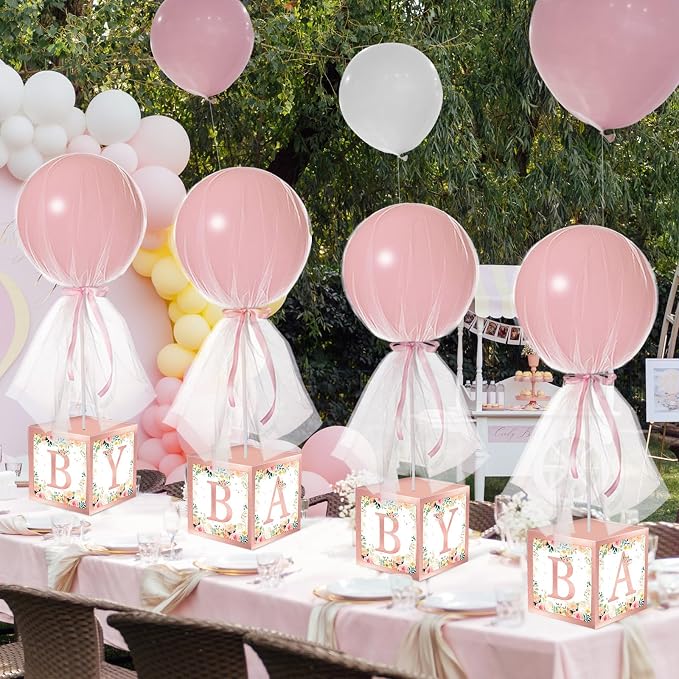 6 Set Pink Girl Tulle Tutu Balloon with Letter Boxes Baby Shower Table Centerpieces Decor for Gender Reveal 24'' Balloons White Tulle Cover with Stand, Boxes for Girl Boy Wedding Birthday Party