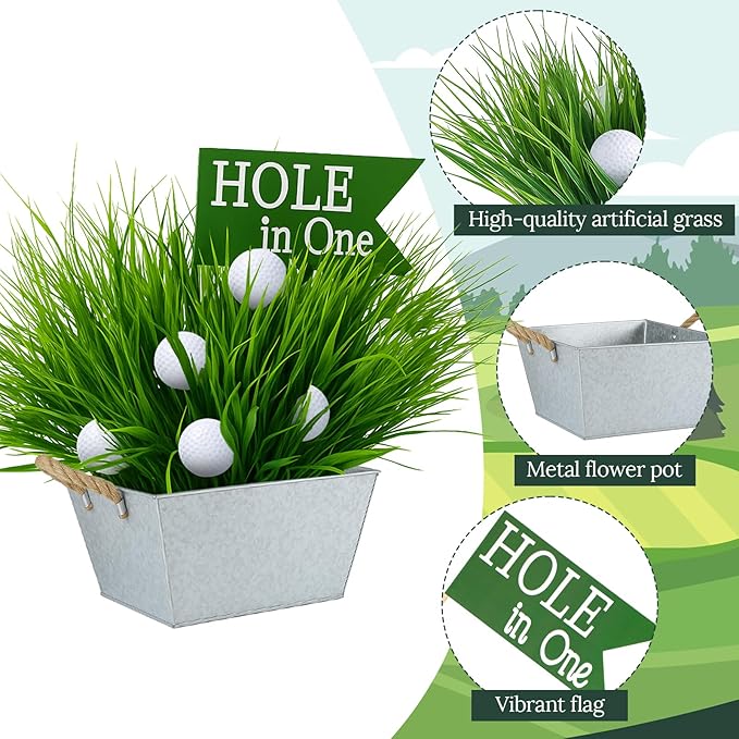 LemonRoad Large Golf Party Table Decorations Kit Includes 1 Square Iron Bucket 6 Mini Golf 15 Artificial Grass and Flags Centerpiece for Birthday Sport Themed Party Desk Supplies Rugby Favors