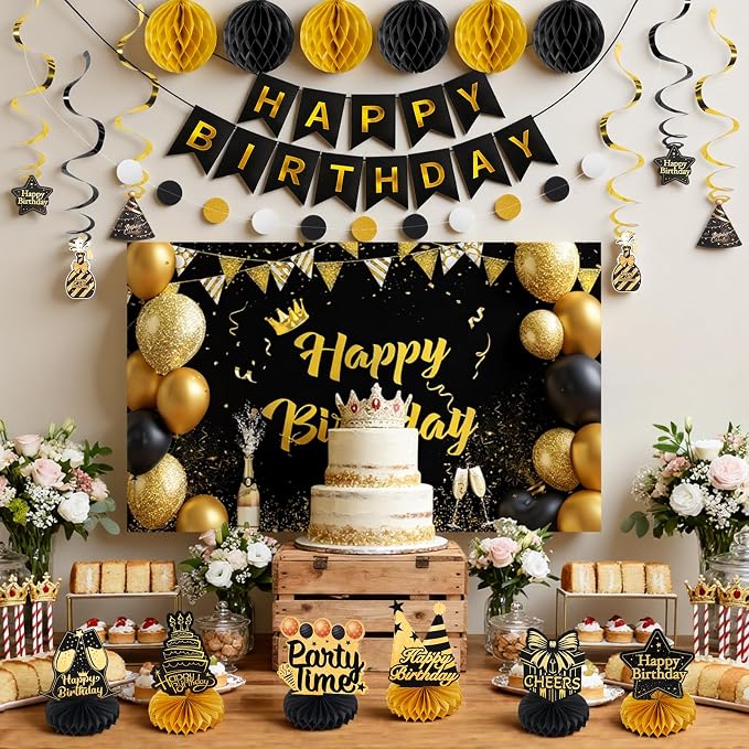Happy Birthday Party Decoration Set: Including Birthday Banner Backdrop, Party Table Centerpieces and Hanging Swirl Party Streamers, Birthday Decor for Men and Women (Gold/Black, Happy Birthday)