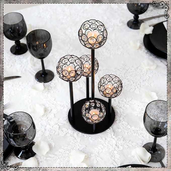 5-Arm Crystal Tealight Candelabra Centerpiece, 14.8 Inch Metal Candle Holder for Table Decor, Wedding, Christmas, Party, Anniversary & Home Decoration (4, Black, S-14.8 in)