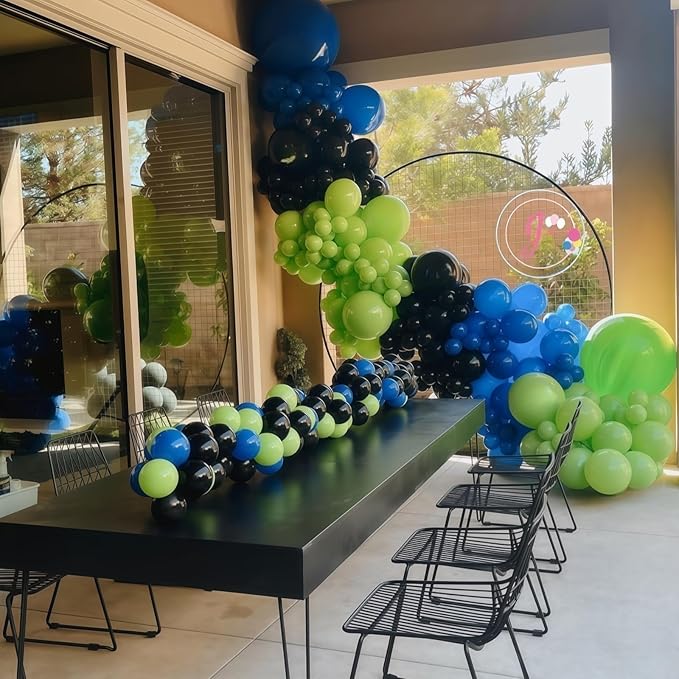 Video Game Balloon Arch Garland Kit, 125pcs Dark Blue and Green Black Silver Balloon with Royal Blue Silver Explosion Star Foil Balloons for Boys Gaming Night Birthday Baby Shower Party Decorations