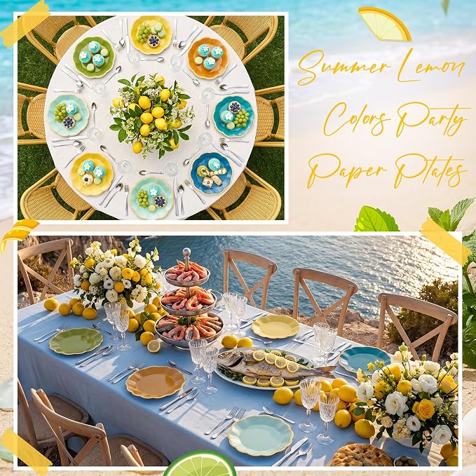 72 Pcs Summer Lemon Paper Plates 9 Inch Blue and Yellow Gradient Scalloped Paper Disposable Dinner Dessert Plates for Summer Birthday Wedding Bridal Party Supplies, 6 Colors