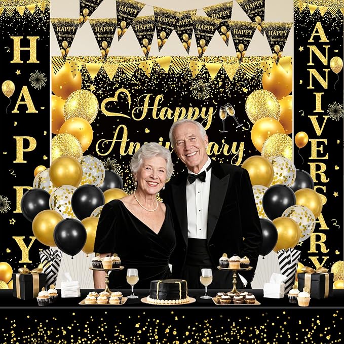 Black and Gold Happy Anniversary Decorations for Men Women, Black Gold Wedding Anniversary Party Decorations Banner, Porch Banner, Triangle Flag, Tablecloth and Balloons Kit Party Supplies
