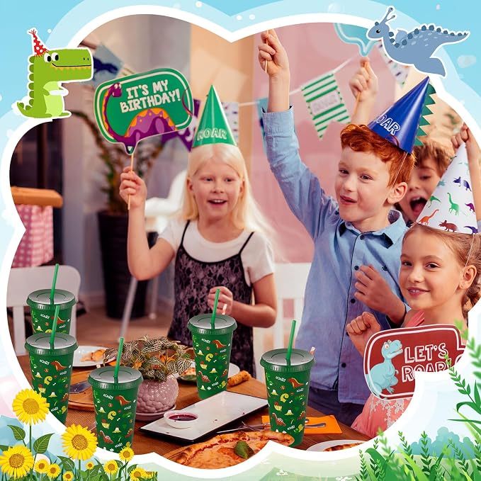 Uiifan 12 Pcs Plastic Dinosaur Cups for Kids 24oz Reusable Dino Tumbler with Lid and Straw Dino Party Favors Drinking Cups for Kids Boy Baby Shower Birthday Supplies Dinosaur Gifts