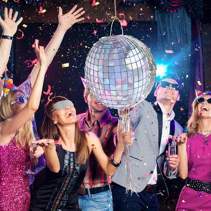 WERNNSAI Disco Ball Piñata - Disco Party Decoration for Adult Birthday Party Supplies Hanging Disco Piñata with Bat Blindfold Mirror Roller Skating Pull String, 12.2” x 12.2”