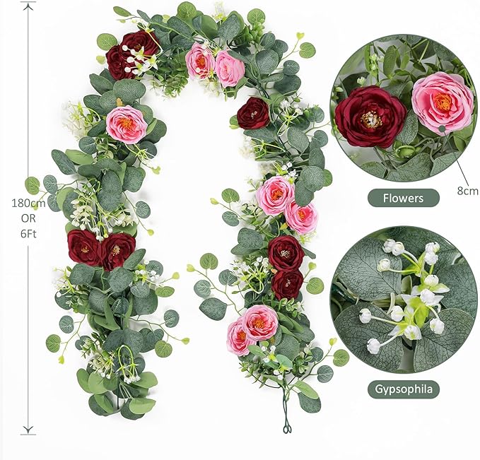 TOCHGREEN 4 Pack Artificial Eucalyptus Flower Garland with Red and Pink Roses, Fake Rose Flower Greenery Garland Floral Vines for Wedding Home Party Table Runner Decor (Red Pink, 4PCS)