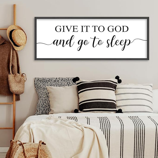 Give It To God And Go To Sleep Bedroom Wall Decor Above Bed Christian Art | 40x15 Inch Large Rustic Black Wood Framed Farmhouse sign Wall Art for Master Guest Room Over Bed Plaque Ready to Hang